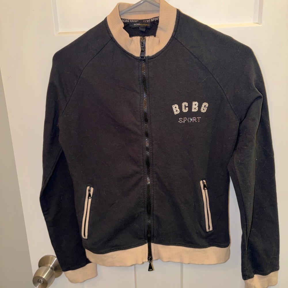 BCBGMaxAzria Black and Beige Zip-Front Sport Jacket